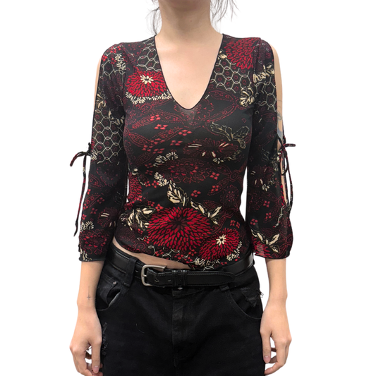 Eyeshadow Black Red Paisley Mesh Bell Sleeve Top