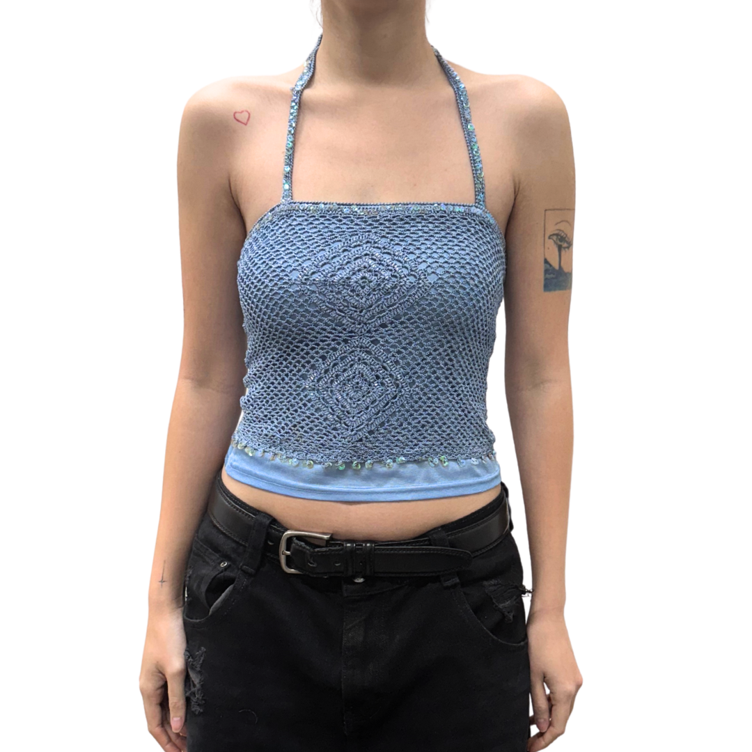 Motivi Blue Crochet Beaded Halter Top