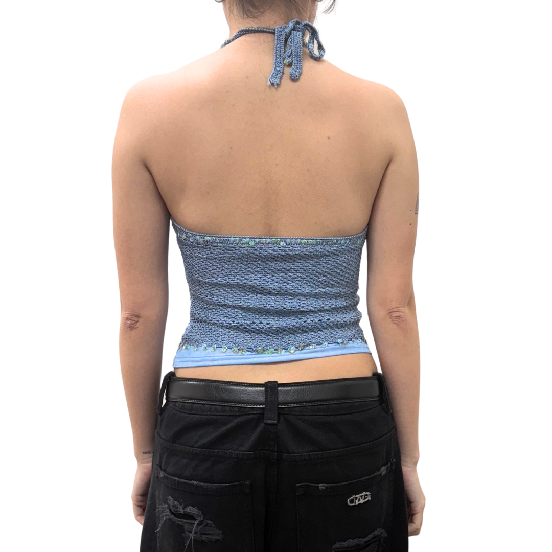 Motivi Blue Crochet Beaded Halter Top
