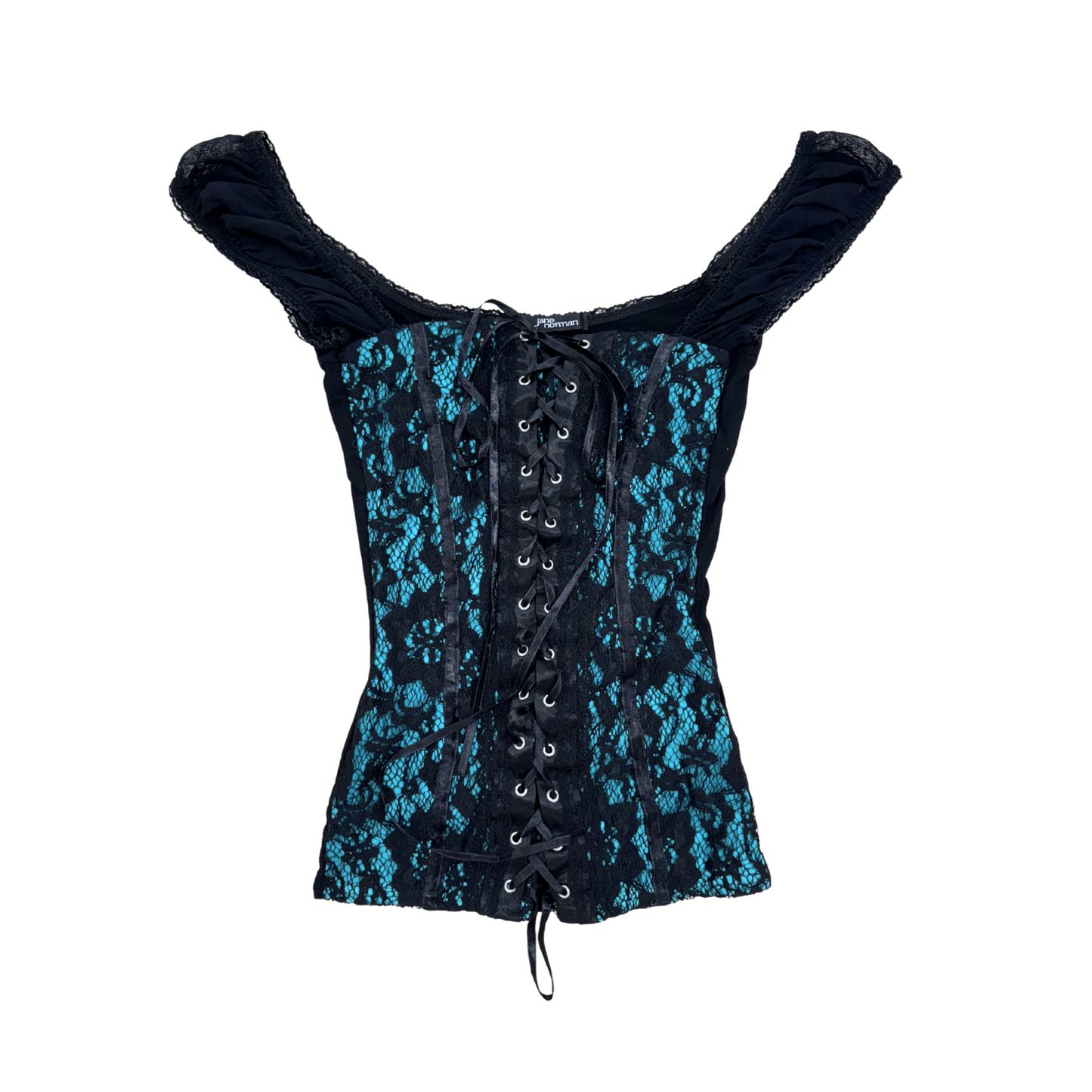 Jane Norman Black Teal Lace Up Top