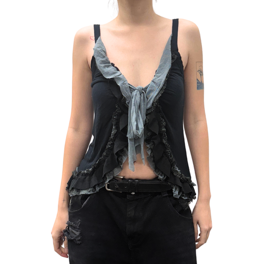 Sisley Black Grey Ruffle Tank Top