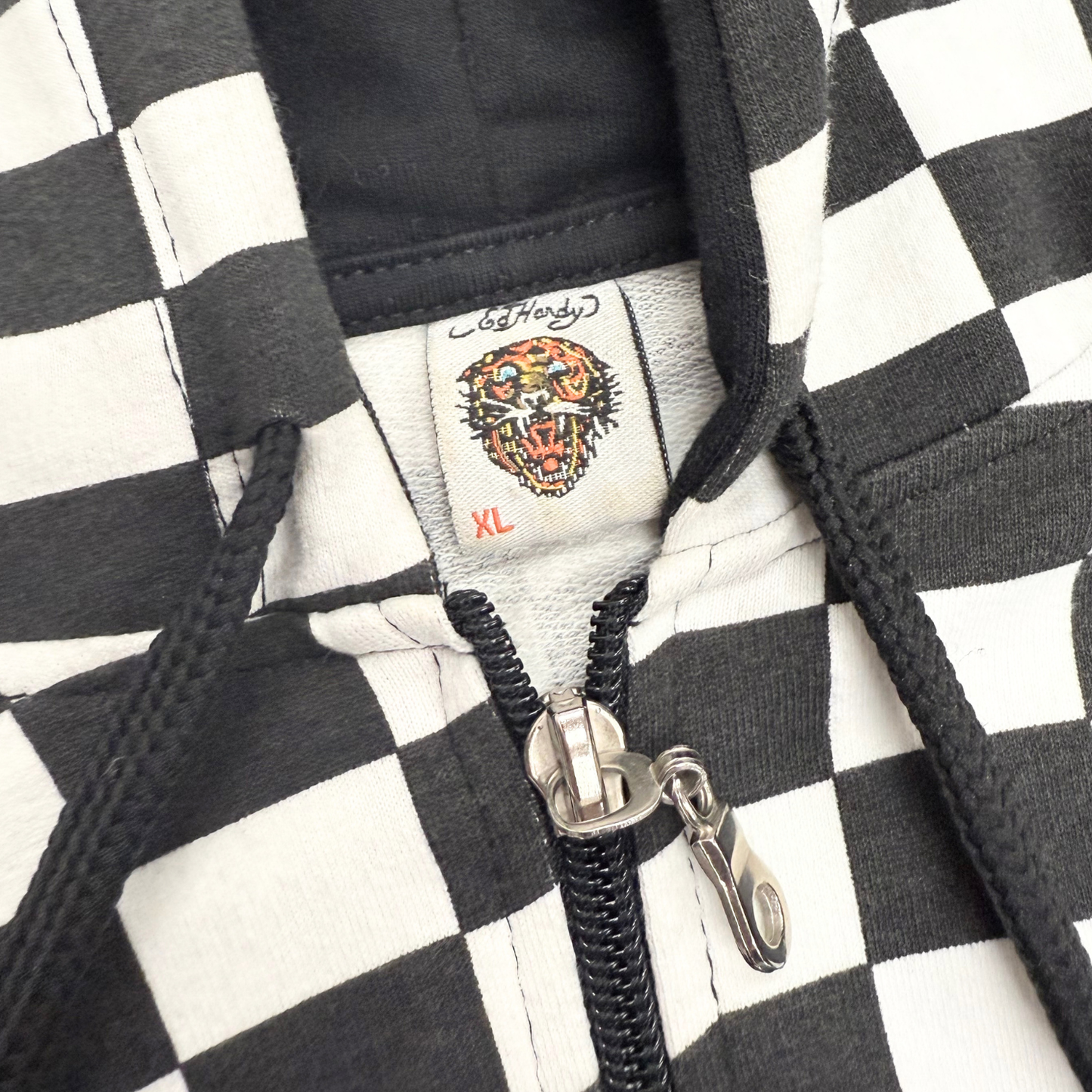 Ed Hardy Black White Plaid Zip Up Hoodie