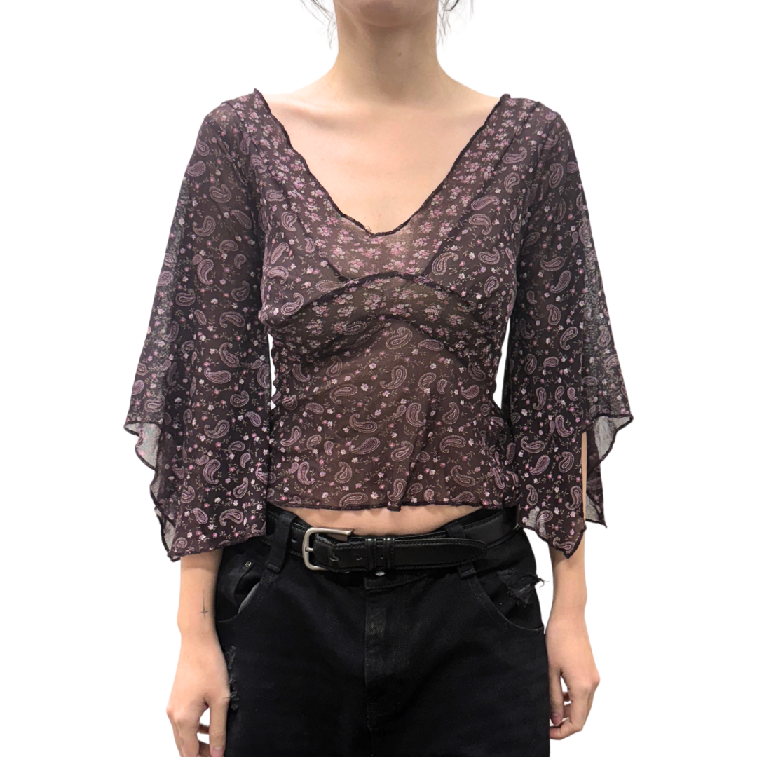Divided Purple Floral Mesh Bell Top