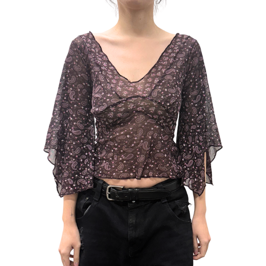 Divided Purple Floral Mesh Bell Top