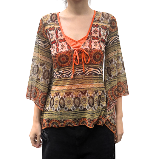 Orange Mesh Bell Sleeve Top