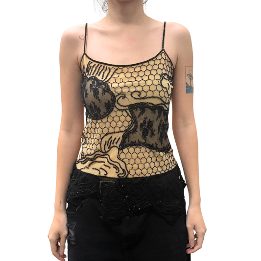 Beige Black Lace Beaded Cami