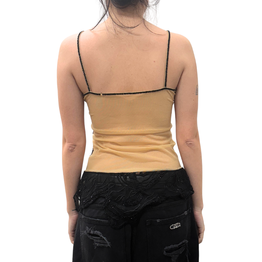 Beige Black Lace Beaded Cami