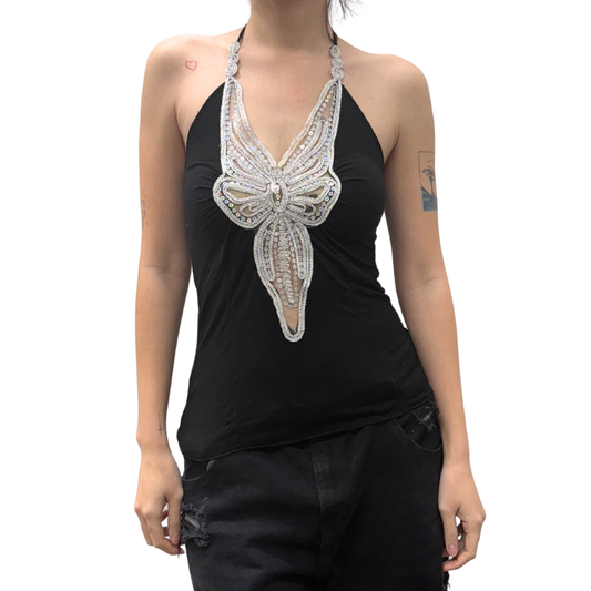 Black Butterfly Sequin Halter Top
