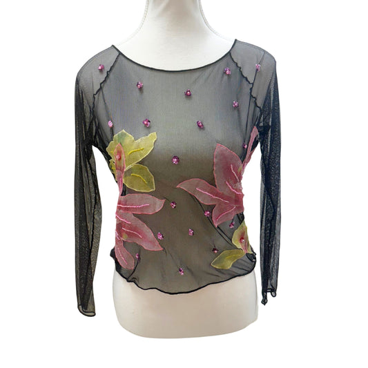 Black Mesh Floral Beaded Long Sleeve Top