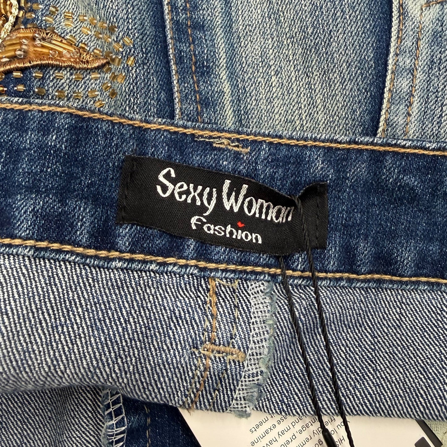 Sexy Woman Beaded Denim Mini Skirt