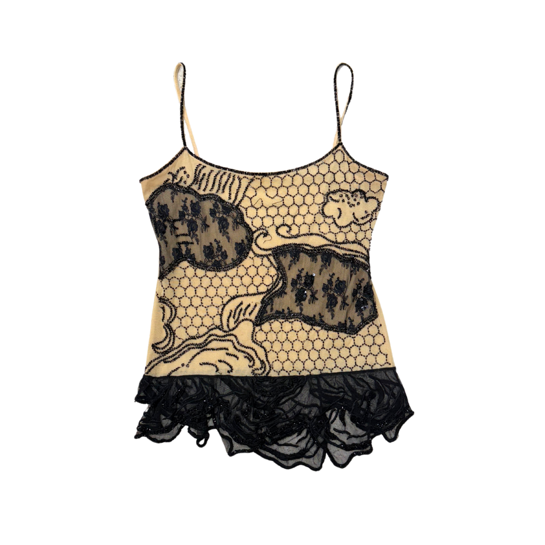 Beige Black Lace Beaded Cami