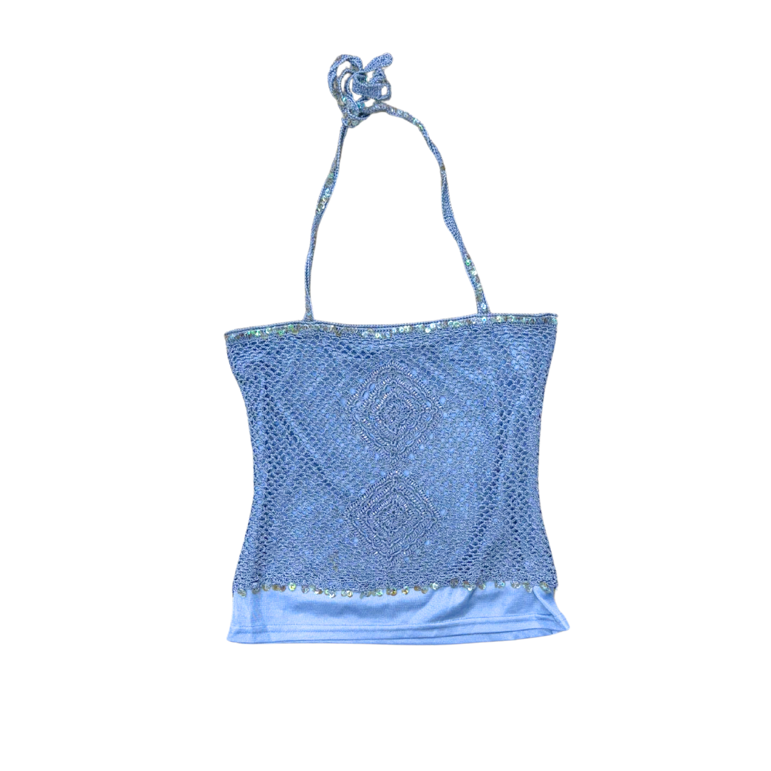 Motivi Blue Crochet Beaded Halter Top