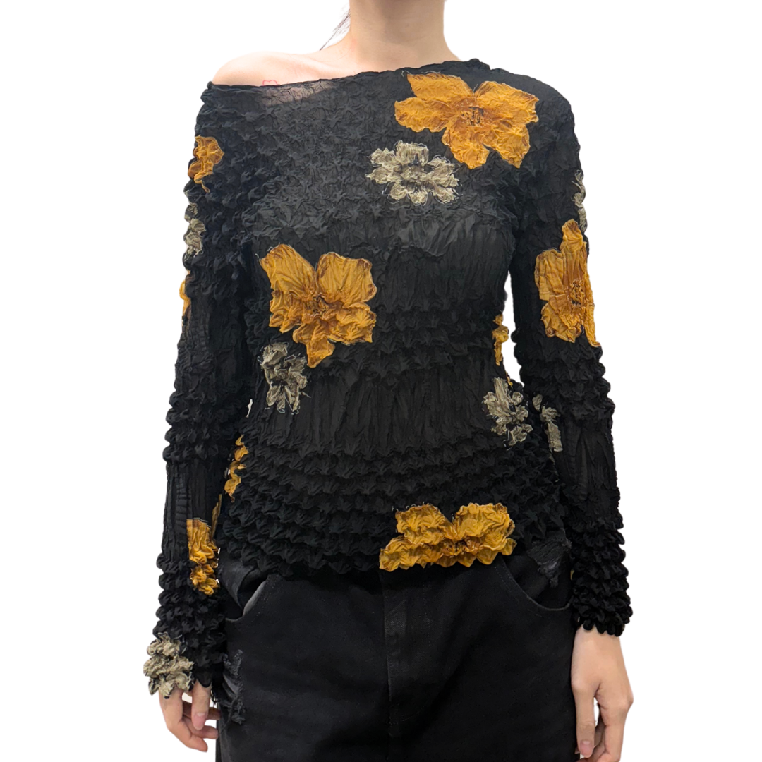 Black Yellow Floral Mesh Long Sleeve Top