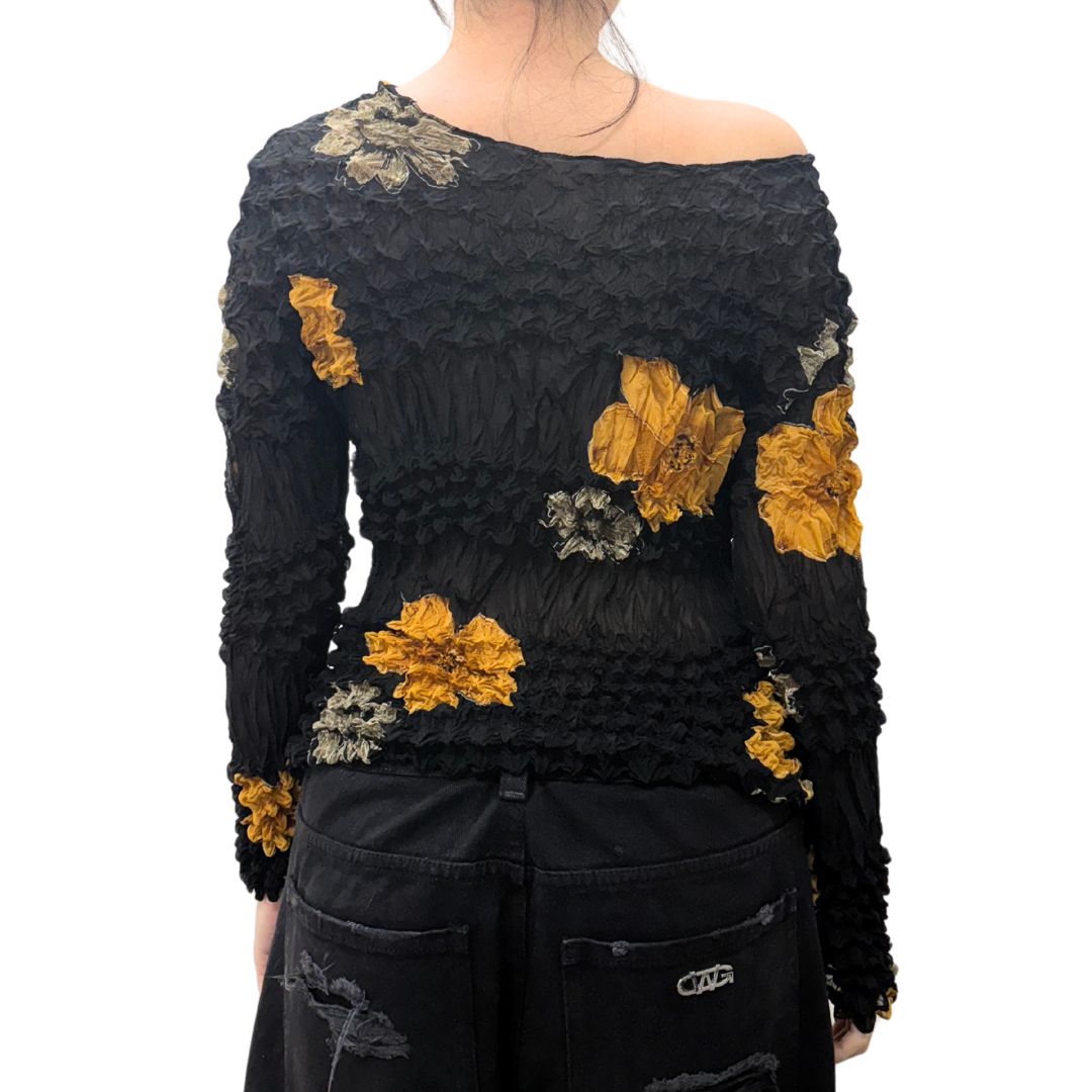 Black Yellow Floral Mesh Long Sleeve Top