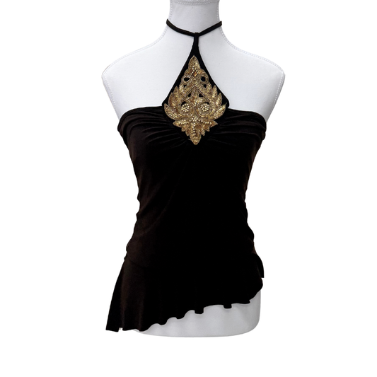 Essence Brown Gold Sequin Beaded Halter Top
