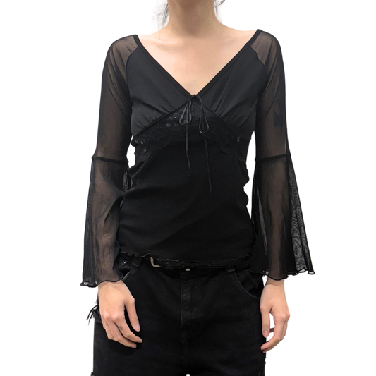 Black Mesh Bell Sleeve Top