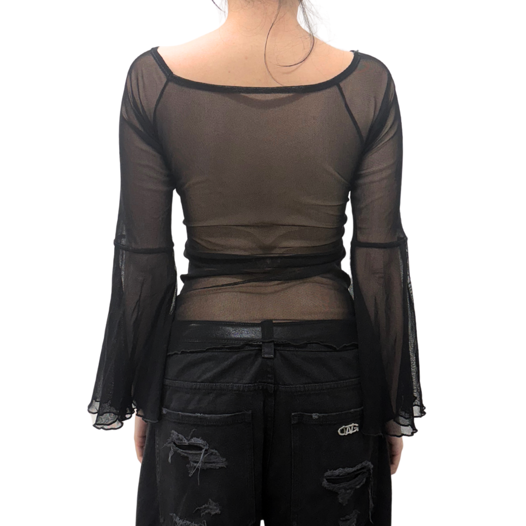 Black Mesh Bell Sleeve Top