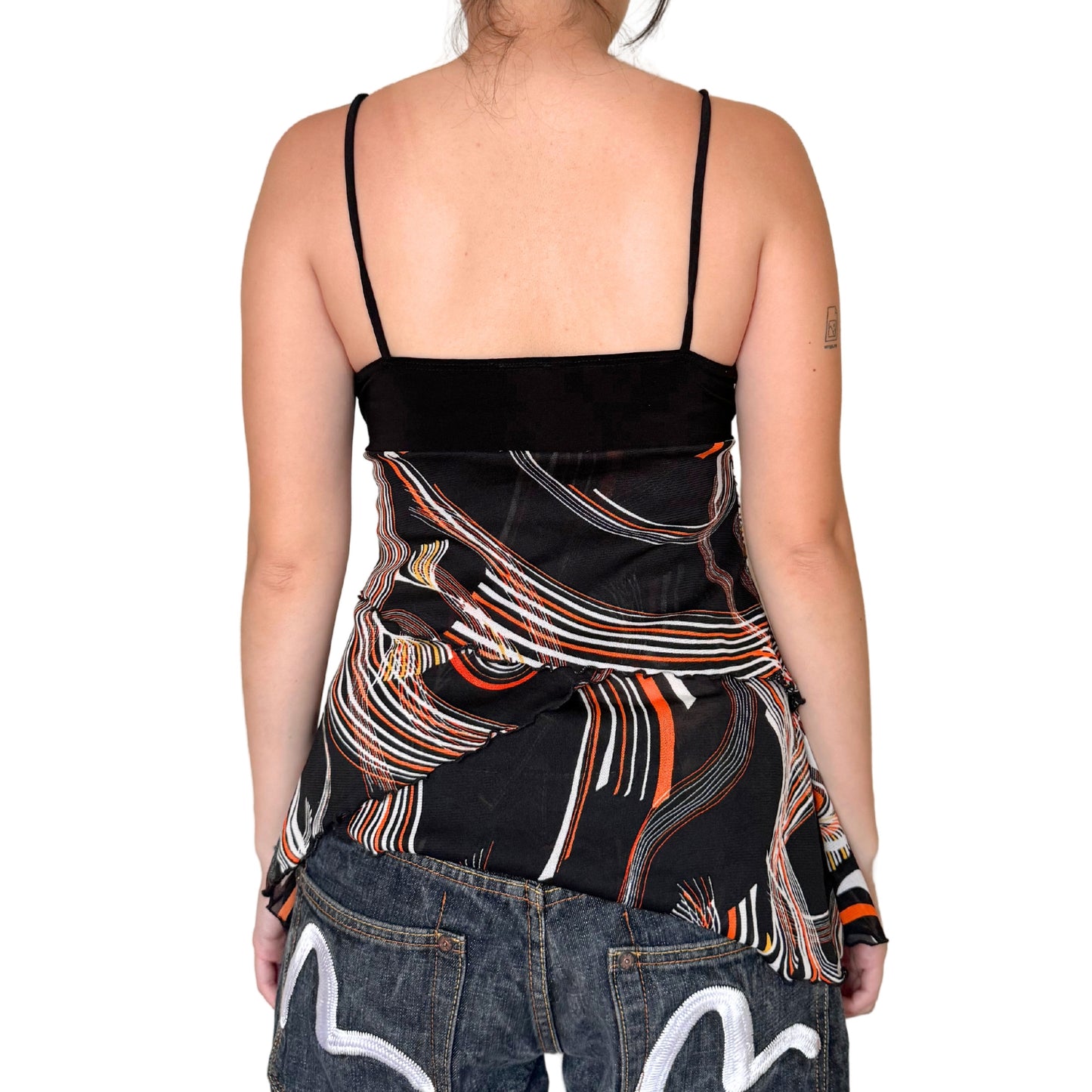 Vintage 2000s Y2k Untie Black Orange Abstract Tank Top