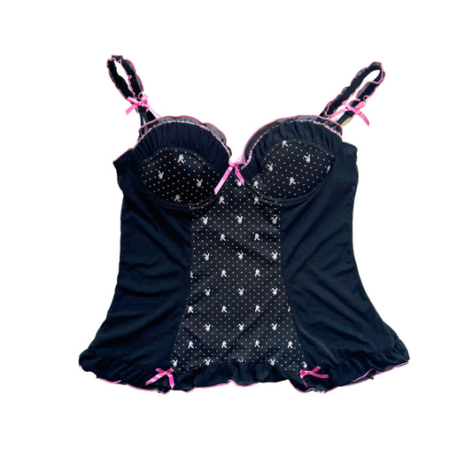 Vintage 2000s Y2k Playboy Black Polka Dot Bustier Top