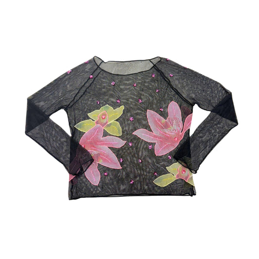 Black Mesh Floral Beaded Long Sleeve Top