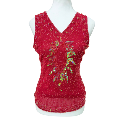H & D Red Sequin Beaded Mesh Tank Top