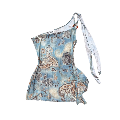 Y.K. Blue Paisley One Shoulder Top
