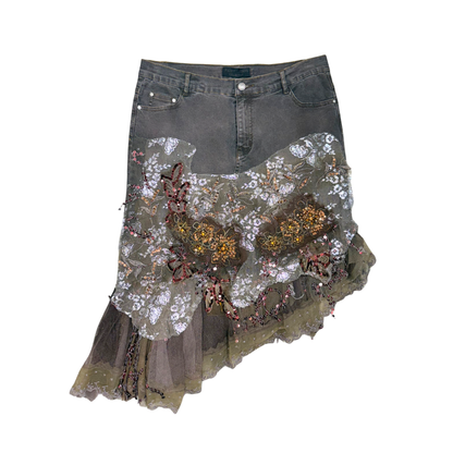 Fanny Jeans Brown Denim Ruffle Lace Midi Skirt
