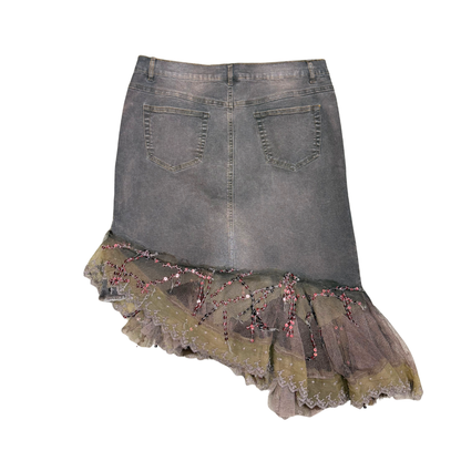 Fanny Jeans Brown Denim Ruffle Lace Midi Skirt