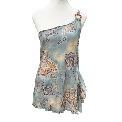 Y.K. Blue Paisley One Shoulder Top