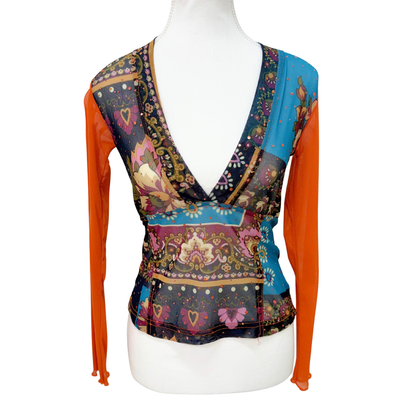 Multicolor Patchwork Floral Mesh Long Sleeve Top