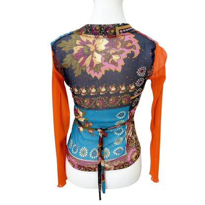 Multicolor Patchwork Floral Mesh Long Sleeve Top