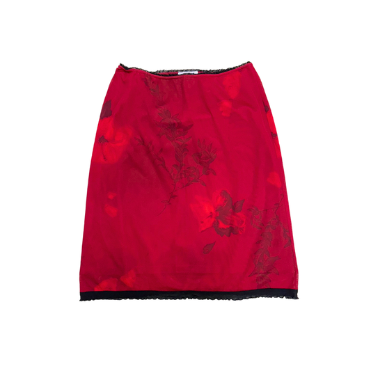 Helline Red Floral Mesh Midi Skirt