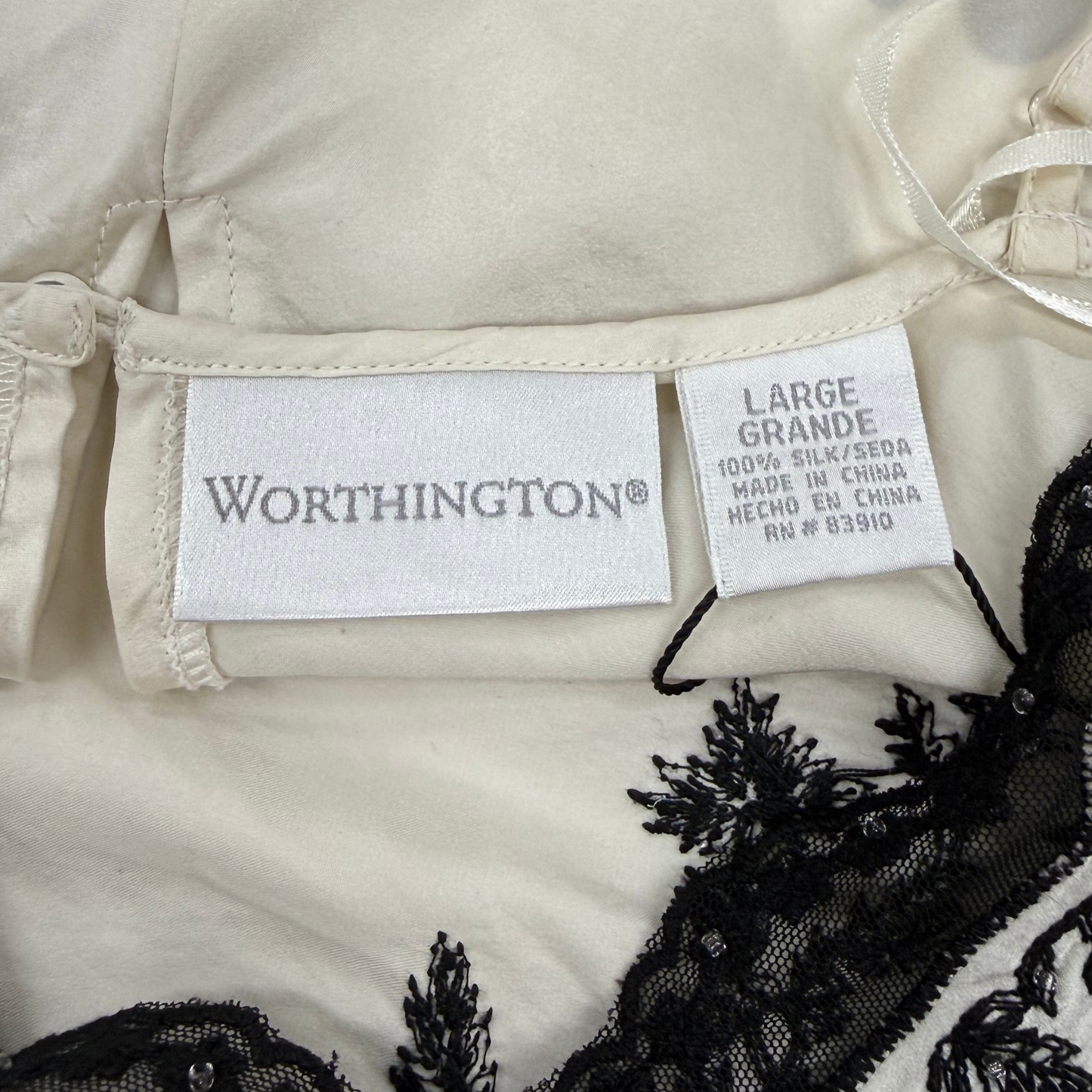 Worthington White 100% Silk Black Lace Cami