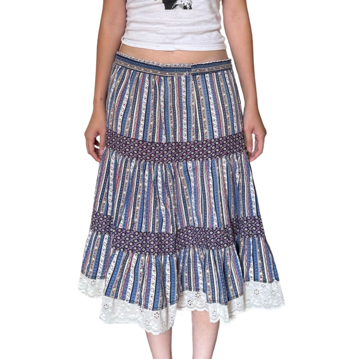 Vintage 2000s Y2k Cottage Core Multicolor Tiered Midi Skirt