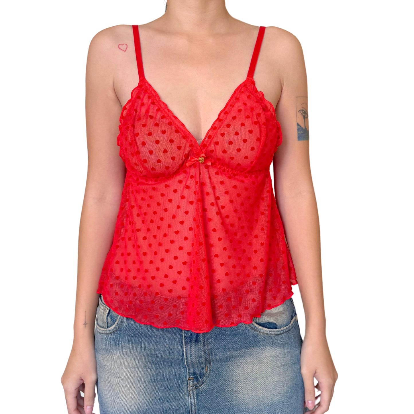 Vintage 2000s Y2k Daisy Fuentes Red Polka Dot Mesh Cami