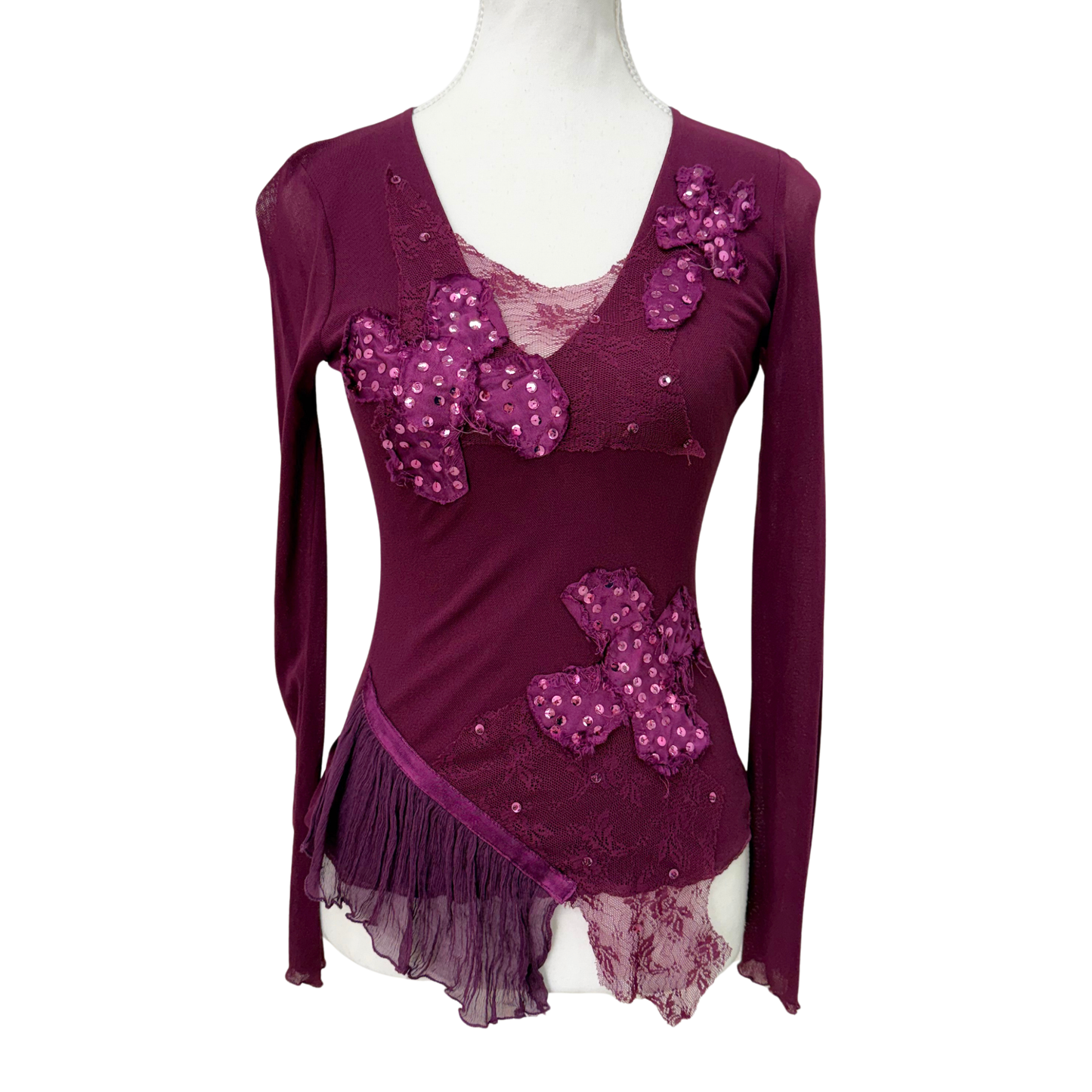Rossana Poli Purple Sequin Mesh Long Sleeve Top