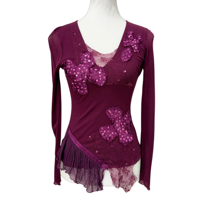 Rossana Poli Purple Sequin Mesh Long Sleeve Top