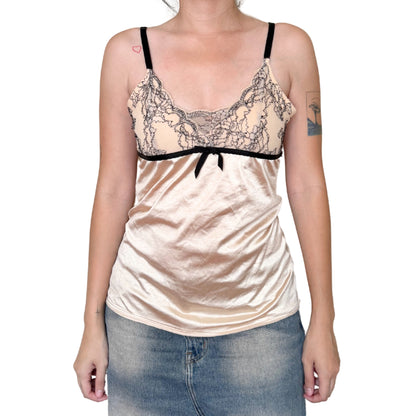 Vintage 2000s Y2k Beige Satin Lace Cami