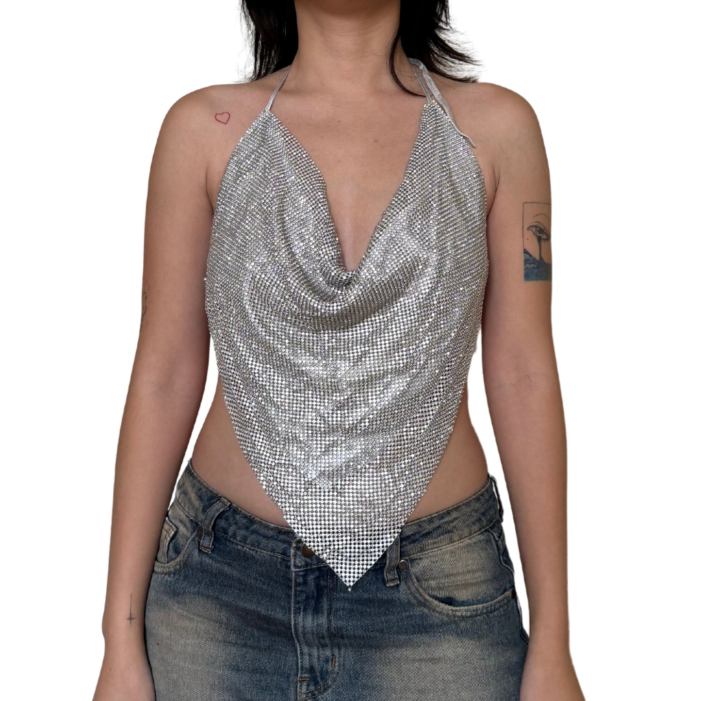 Vintage 2000s Y2k Rhinestones Silver Backless Halter Top