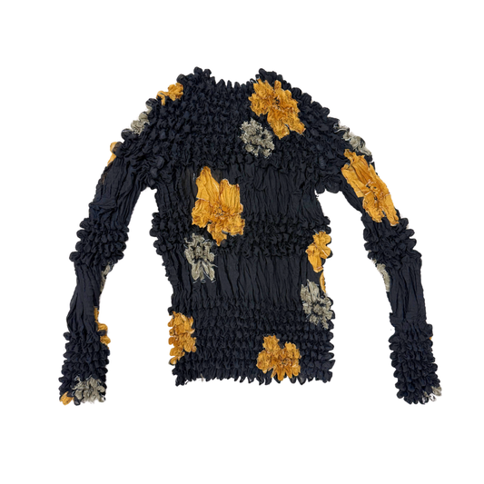 Black Yellow Floral Mesh Long Sleeve Top