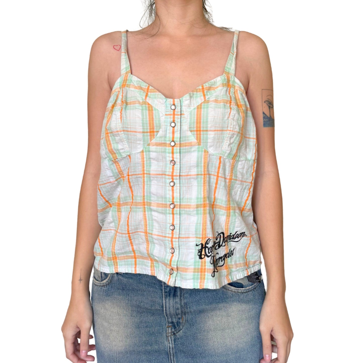 Vintage 2000s Y2k Harley Davidson Green Yellow Plaid Tank Top