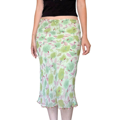 Vintage 2000s Y2k Green Floral Midi Skirt