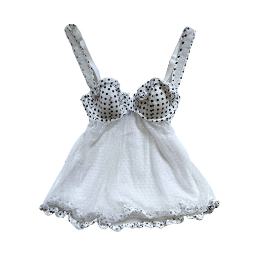 Vintage 2000s Y2k Sexy Little Things White Polka Dot Bustier Baby Doll