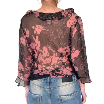 Vintage 2000s Y2k Ice Black Pink Floral Sheer Blouse