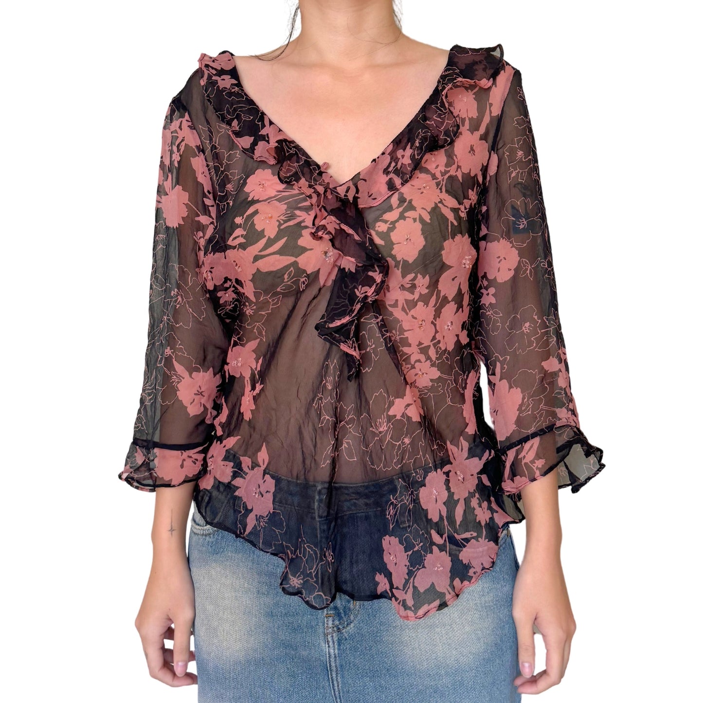 Vintage 2000s Y2k Ice Black Pink Floral Sheer Blouse