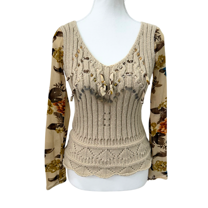 Strong Fashion Beige Floral Knitted Mesh Top