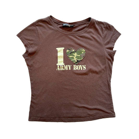 Vintage 2000s Y2k Self Esteem I Love Army Boys Brown Graphic Tee