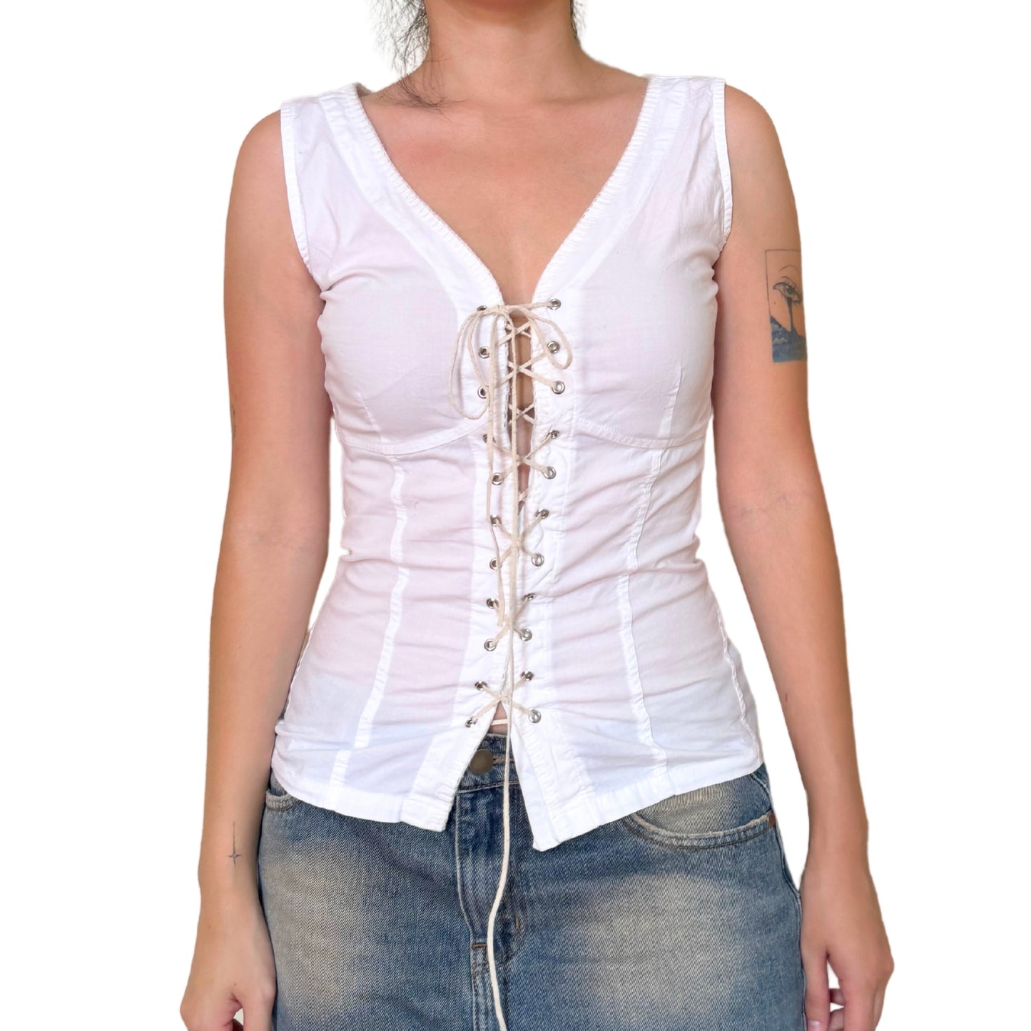 Vintage 2000s Y2k Faded Glory White Lace Up Tank Top