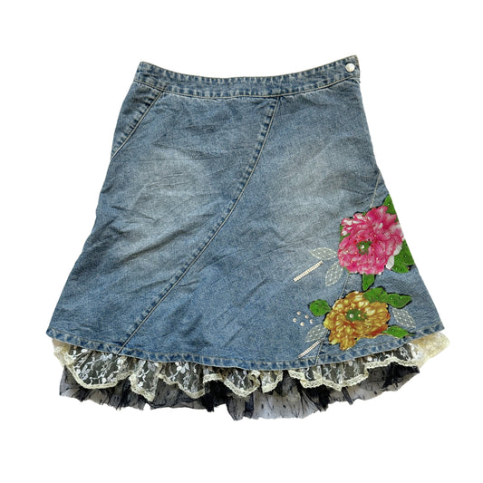 Vintage 2000s Y2k Floral Embroidered Denim Midi Skirt