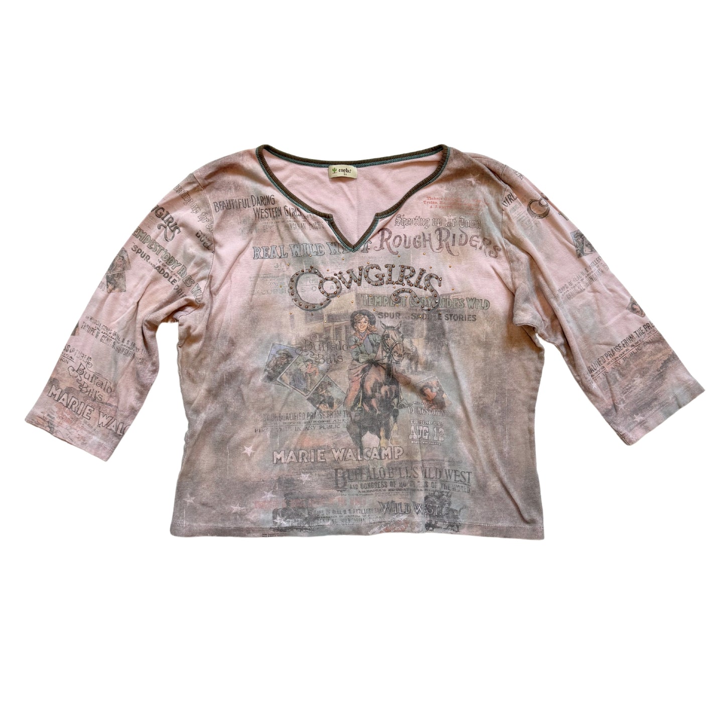 Vintage 2000s Y2k Cactus Pink Cow Girl Graphic Top